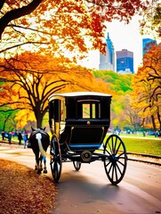 Horse and carriage in Central Park, New York City, New York, in the fall. 