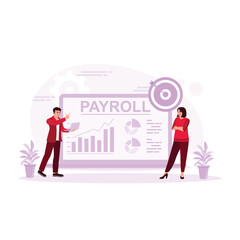 Businessman in an office making financial graphs and charts towards the target. Payroll concept. Trend Modern vector flat illustration