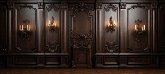 A room with a grand wooden paneled wall