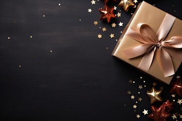 Gift box with red bow Christmas and new year on dark background. Top view with copy space