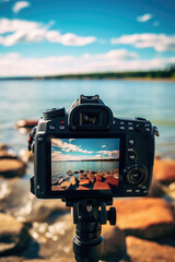Looking into the back of a digital DSLR camera at a very beautiful  coastal beach location - obrazy, fototapety, plakaty
