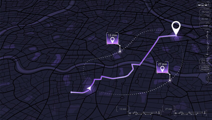 Isometric. The path from a point to the intended goal, many destinations, signs. main road throughout map. Navigation mapping technology for obtaining data on distance and turns of the path. Vector
