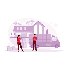 Female inventory manager and worker checking goods to be sent to buyers. Storage concept. Trend Modern vector flat illustration