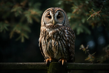 Fototapeta premium Tawny owl (Strix aluco) perched on branch. This predator bird is on the lookout and hunting for mice. Wildlife scene of nature in Europe.