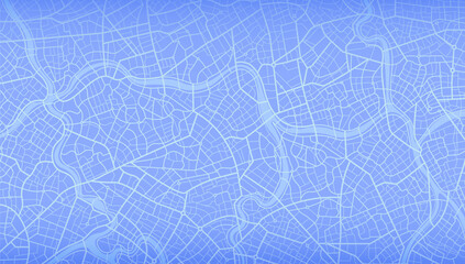Obraz na płótnie Canvas Blue city area, background map, streets. Skyline urban panorama. Cartography illustration. Widescreen proportion, digital flat design streetmap. Vector City top view. View from above the map