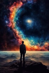 Fototapeta premium Man standing on the edge of a cliff and looking at the universe