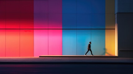 A vibrant, multicolored building with a person walking by