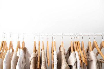 Hanger with neutral beige and white clothes on a white background.