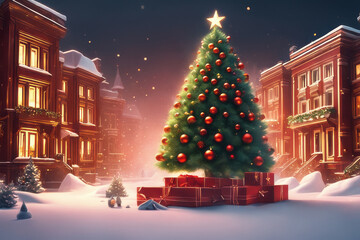 Obraz premium Christmas tree city houses gift box gold balls snow xmas decoration New Year banner red background