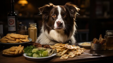 A dog sitting at a table with a delicious meal. Generative AI. 