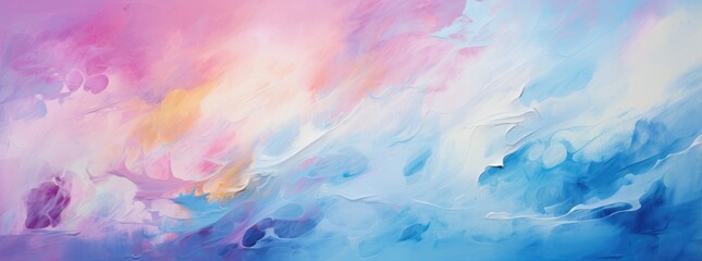 A vibrant abstract painting in blue, pink, and yellow hues