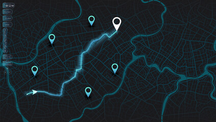 Location tracks dashboard. City street road. City streets and blocks, route distance data, path turns and destination tag or mark. Huge city top view. vector, illustration. Abstract background.