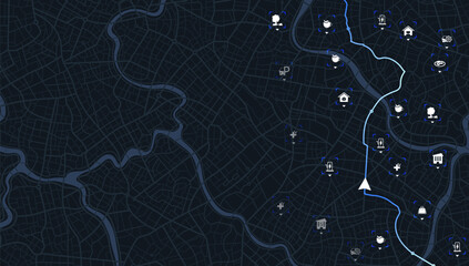 Abstract transportation background with POI. Transportation-related designs, promotional materials. Establishments, gas stations, parks, restaurants. Streets, blocks, route for movement on the streets