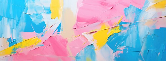 A colorful abstract painting with blue, pink, yellow, and white hues