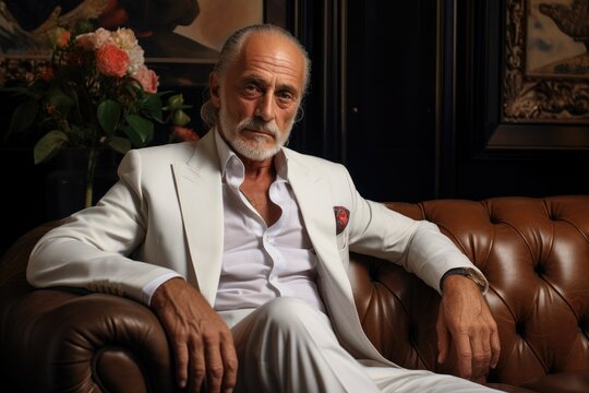 A stylish man in a white suit sitting on a brown couch