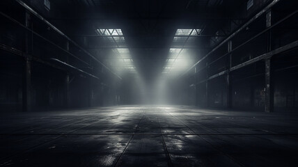 An empty warehouse filled with smog - obrazy, fototapety, plakaty