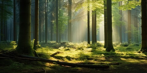 Obraz premium tranquil forest with sunlight filtering through trees, generative AI