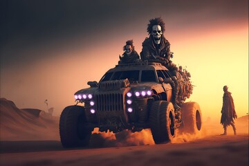 savage nomad clowns of the wasteland mad max cars action scene epic composition highly detailed wide shot film grain rainbowshift cinematic night volumetric lighting atmospheric establishing shot 