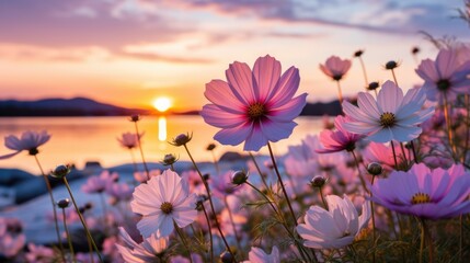 colorful blooming cosmos flower field in the morning sunrise.