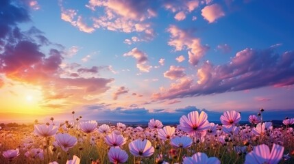 Fototapeta na wymiar colorful blooming cosmos flower field in the morning sunrise.