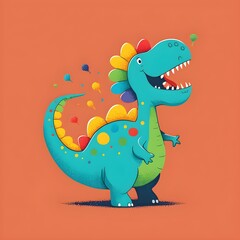 funny happy cartoon colourful dinosaur illustration vector simple clean minimalist wallpaper bright  - obrazy, fototapety, plakaty