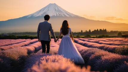 sweet couple is relaxing at lavender flower field near Fujisan, Japan.