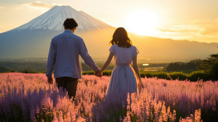 sweet couple is relaxing at lavender flower field near Fujisan, Japan. - obrazy, fototapety, plakaty