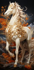 A majestic white horse with a golden harness stands proudly on top of a mountain, overlooking a vast and breathtaking landscape.