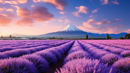 blooming lavender field and mount Fuji at background.