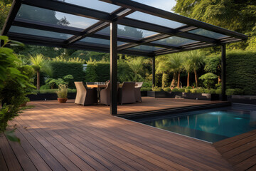 Modern patio furniture include a pergola shade structure, an awning, a patio roof, a dining table, seats