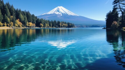 Mount Fuji or Fujisan, the symbol of Japan with blue sky background.