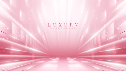 Pink stage scene with silver line elements and glitter light effect with beam and bokeh. Luxury background.