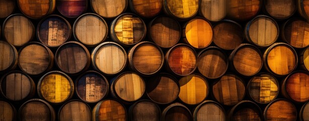 Stacked wooden barrels in a warehouse - obrazy, fototapety, plakaty