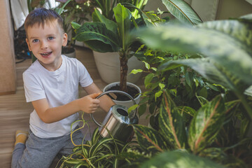 Little cute boy is watering indoor plants from a stylish watering can in a designer white home...