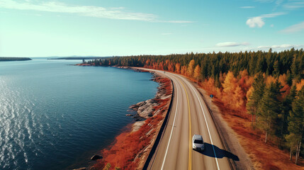 Aerial view of fall road and blue water lake sea ocean. Red car with a roof rack on a country road in Finland.
