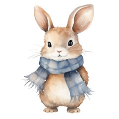 Rabbit in winter watercolor hand painting