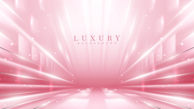 Pink stage scene with silver line elements and glitter light effect with beam and bokeh. Luxury background.