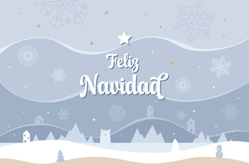 Tarjeta de navidad estilo nórdico y minimalista, con paisaje con nieve, estrellas, montañas, pinos y pueblo. Recurso gráfico vector. En español. - obrazy, fototapety, plakaty