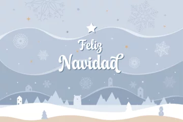Poster Tarjeta de navidad estilo nórdico y minimalista, con paisaje con nieve, estrellas, montañas, pinos y pueblo. Recurso gráfico vector. En español. © Guillermo