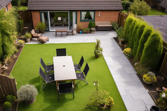 back garden with artificial grass, grey paving slab patio, summer house garden timber outbuilding, fish pond