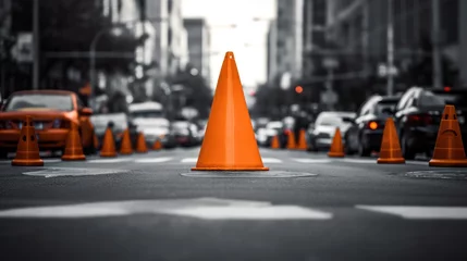Foto auf Alu-Dibond Road Work Ahead: Unraveling the Story Behind a Traffic Cone in the Middle of an Intersection © imam