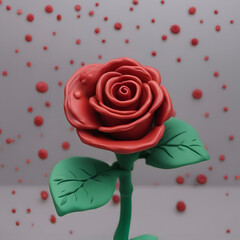 3d render of red rose with green leaves on a gray background