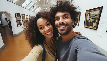 30-year-old couple poses for a selfie inside a museum