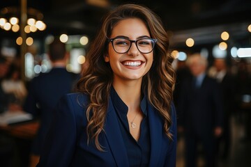 A confident businesswoman with a warm smile, set against a blurred background, exuding professionalism and approachability. Photorealistic illustration