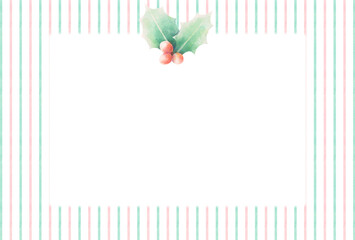 水彩風の赤と緑のストライプとヒイラギのクリスマスカードイラスト