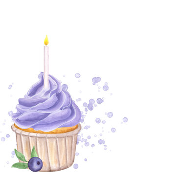 Postcard watercolor cupcake with violet whipped cream. Decorated burning candle, bilberry, blueberry, leaves. Hand drawn illustration isolated on white background. For design menu, cafe
