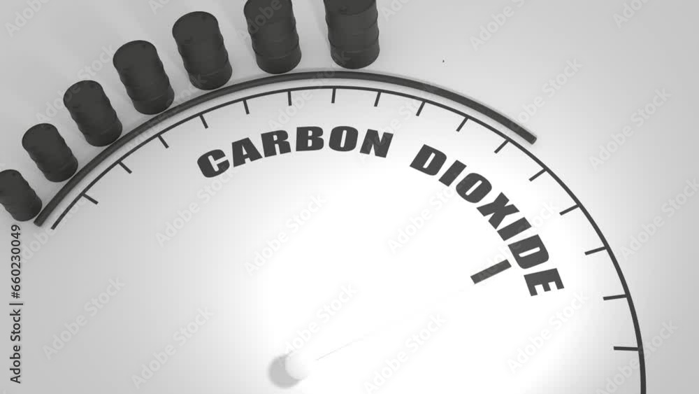 Poster carbon dioxide value measuring device with arrow and scale. oil barrels growth. 3d render