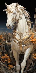 A majestic white horse with a golden saddle stands proudly on a hill, overlooking a lush green valley.