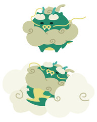 Cute fluffy green dragon character illustration, sleeping dragon on a cloud, chinese zodiac doragon, cartoon style