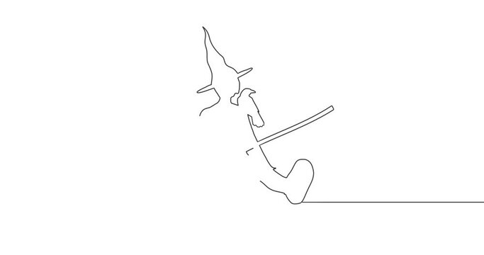Sitting young witch. Witch outline silhouette with a broomstick, cat and raven. Halloween relative thin line animation